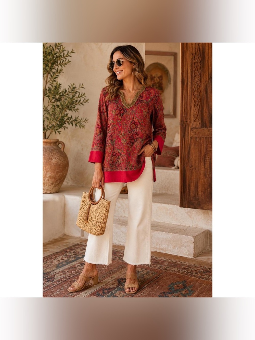 NWT Soft Surroundings Pasha Pullover Tunic M Paisley Red Gold Trim Wool Blend